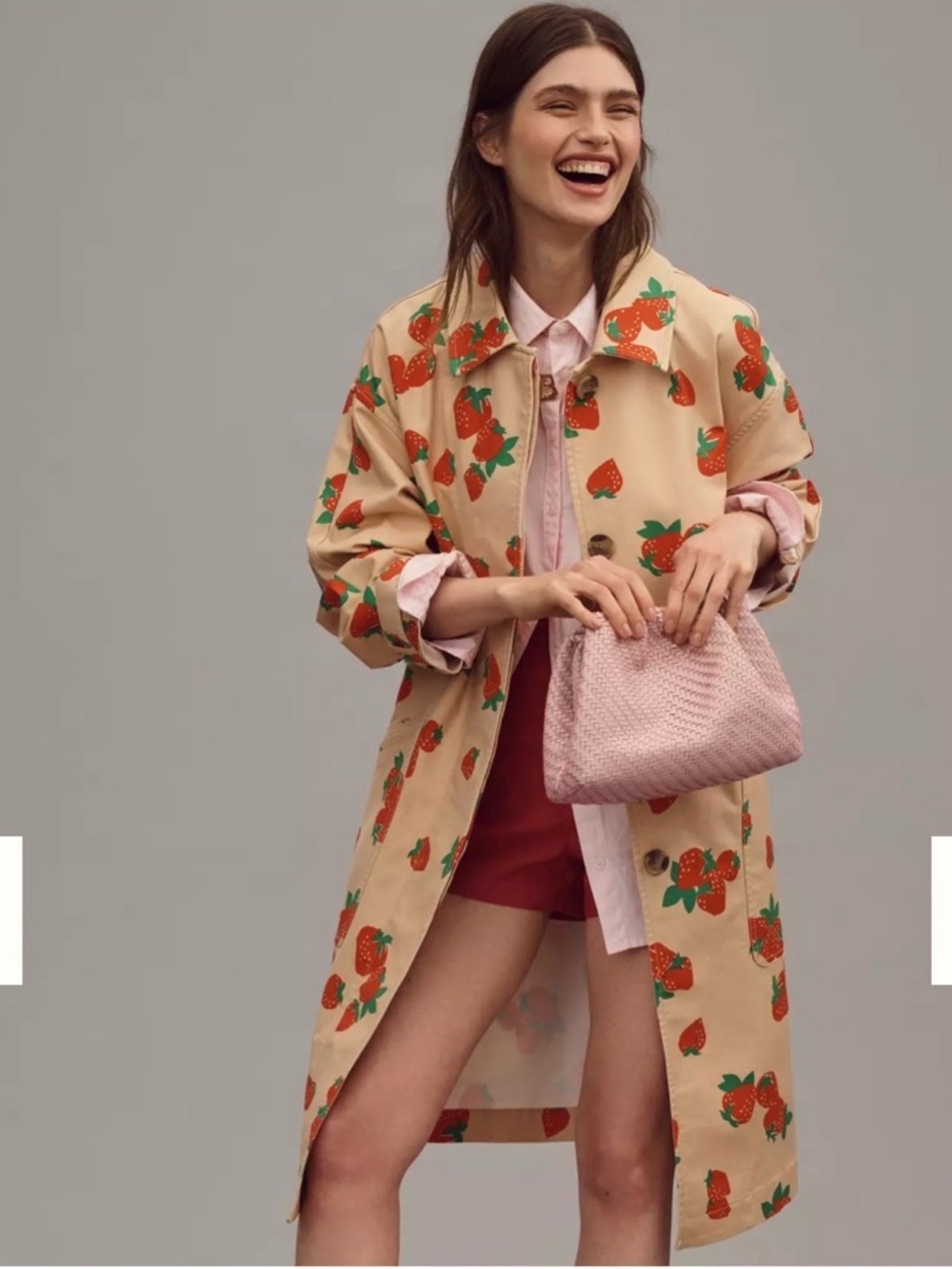 Anthropologie / Maeve Beige Trench Coat with Red & Green Strawberry Print - Picture 7 of 9